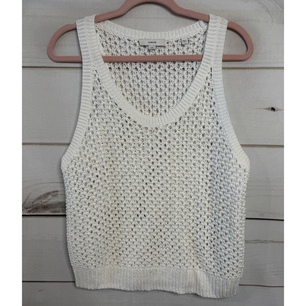 Vince Womens Cream White Open Knit Crochet Cotton Sweater Vest V-Neck Large